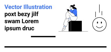 Akıllı telefon kullanan bir kadın. Yanında da yer tutucu mesajı ve mutlu bir yüz var. Dijital iletişim, sosyal medya, teknoloji, modern yaşam tarzı, çevrimiçi etkileşim için ideal