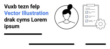 Kadın avatar, dişli ve kontrol listesi görevleri, yönetimi ve organizasyonu temsil eder. İş, takım çalışması, İK, üretkenlik, web siteleri, sunumlar, pazarlama için ideal. İniş sayfası