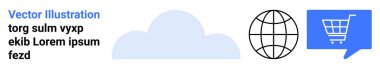 Bulut simgesi, dünya sembolü, mavi konuşma balonunda alışveriş arabası, yer tutucu metin. E-ticaret, çevrimiçi alışveriş, dijital bağlantı, bulut depolama, uluslararası iş, İnternet hizmetleri için ideal