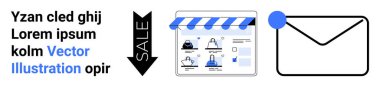 Ürün illüstrasyonları ile e-ticaret web sitesi arayüzü, aşağı doğru satış oku ve mavi noktalı zarf e- posta simgesi. Çevrimiçi alışveriş, pazarlama, satış promosyonu, dijital reklam, e-posta için ideal