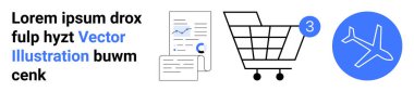 Bildirimli alışveriş arabası, dosyalarla dolu dokümanlar, mavi daireli uçak, örnek metin. E-ticaret, seyahat, çevrimiçi alışveriş, tebligat, veri analizi, iş, iniş için ideal