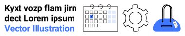 Olayları gösteren işaretli takvim, ayarları veya kişiselleştirmeyi sembolize eden dişli takvim ve alışveriş veya yaşam tarzı için el çantası. Planlama, organizasyon, verimlilik ve teknik destek için ideal