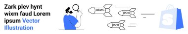Bir kişi, e-ticaret sembolünü hedef alan DDoS etiketli füzeleri inceliyor. Siber güvenlik farkındalığı, çevrimiçi koruma kampanyaları, e-ticaret güvenliği, tehdit tespit ve ağ için ideal
