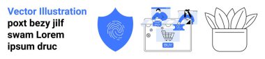 Üzerinde parmak izi olan bir güvenlik kalkanı, online alışveriş arabasını analiz eden iki kişi ve bir saksı. Güvenlik, e-ticaret, takım çalışması, teknoloji, botanik büyümesi ve çevrimiçi iş için ideal. İniş sayfası