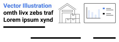 Depoda yığılı kutular, çizgili analitik çizelgeler ve çizgiler var. Lojistik, veri analizi, tedarik zinciri, işletme yönetimi, depolama çözümleri, envanter takibi ve depo için ideal