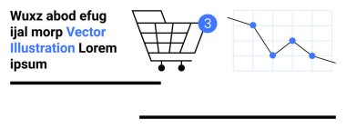 Tebligat kartlı alışveriş arabası, veri noktalı satış grafiği ve yer tutucu metni. Ecommerce, satış analizi, pazarlama, veri görselleştirme, çevrimiçi alışveriş, perakende satış, web sitesi için ideal