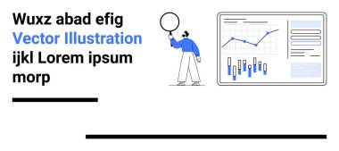 Elinde büyüteç, çizelge, çubuk grafikler, metin blokları, iki siyah çizgi olan kişi. İş sunumları için ideal, veri analizi, rapor oluşturma, kurumsal stratejiler, bilgi