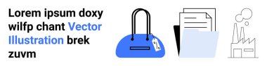 Blue handbag with tag, a folder with documents, and a factory outline next to placeholder text. Ideal for business, organization, industry, work, commerce office tasks digital content. Landing page clipart