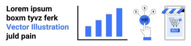 Bar çizelgesi büyüyor, İnsan Kaynakları tuşuna basılıyor, telefonda alışveriş uygulaması uygulanıyor. İş sunumları için ideal, HR materyalleri, dijital pazarlama, e-ticaret siteleri, uygulama tasarımı, eğitim içeriği, görsel