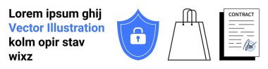Kilitli bir kalkan, alışveriş çantası ve imzalı sözleşme siber güvenlik, e-ticaret ve dijital anlaşmaları temsil ediyor. Teknoloji, iş güvenliği, çevrimiçi alışveriş, yasal anlaşmalar için ideal dijital