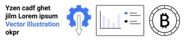 Rastgele metin ile metin bloğu, aşağı ok, bar grafik ve veri noktaları ile dişli sembol, Bitcoin logosu. Fintech, engelleme zinciri, veri analizi, kripto para birimi, teknoloji, dijital finansal araçlar için ideal