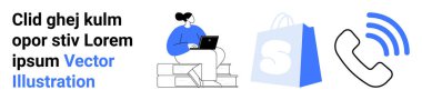 Dizüstü bilgisayarı olan bir kadın, logolu bir alışveriş çantası, sinyal hattı olan bir telefon alıcısı. Çevrimiçi alışveriş, müşteri desteği, dijital iletişim, e-ticaret, sanal yardım için ideal. İniş sayfası