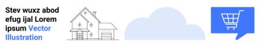 Bulutlu arkaplan ve içinde alışveriş arabası olan konuşma balonu olan bir ev. Gayrimenkul, bulut hesaplama, online alışveriş, e-ticaret, dijital pazarlama, konut piyasası, web tasarımı için ideal. İniş sayfası