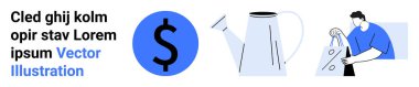 Blue dollar sign beside a watering can and a man planting a small tree. Ideal for finance, investment, gardening, environmental conservation, sustainability, eco-friendly businesses, green clipart