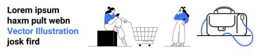 Bir el çantası ve el arabasıyla alışveriş yapan genç kadınlar. E-ticaret, perakende, moda, yaşam tarzı blogları, pazarlama, dijital reklamcılık ve mobil uygulamalar için ideal. İniş sayfası