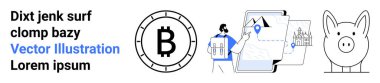 Bitcoin sembolü, navigasyon haritası, mobil cihazı ve kumbarası olan bir adam. Finans, kripto para birimi, tasarruf, teknoloji, navigasyon, yatırım ve dijital ekonomi için ideal. İniş sayfası