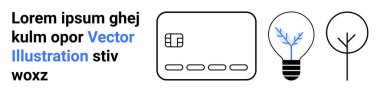 Kredi kartı, ampul, ağaç çizgisi ve metin tutucu. Finans, bankacılık, yenilik, sürdürülebilirlik teknolojisi çevresel temalar ve eğitim için idealdir. İniş sayfası