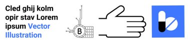 Bitcoin sembollü kripto para devresi, el hareketi, tıp kapsülü ikonu. Fintech, sağlık, teknoloji, siber güvenlik, ilaç, dijital para birimi ve blok zinciri için ideal. İniş