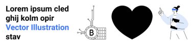 Devrelerle bağlantılı bitcoin sembolü, büyük siyah kalp, tablet tutan ve işaret eden bir kadın, ve yer tutucu metin. Bloglar, web siteleri, reklamlar, teknoloji, finans, sağlık hizmetleri için ideal