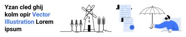 Ağaçları ve ekinleri olan yel değirmeni, çan ikazı olan belgeler, şemsiyesi olan kişi. Web siteleri, eğitim materyalleri, hava durumu uygulamaları, tarım içeriği, bildirimler, belgeler, sigorta reklamları için ideal
