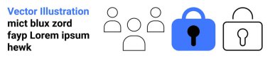 Kullanıcı simgeleri ve asma kilitlerin basit çizgisi. Güvenlik, gizlilik, kullanıcı yönetimi, veri koruması, çevrimiçi güvenlik, hesap güvenliği ve kullanıcı kimlik doğrulama kavramları için idealdir. İniş afişi