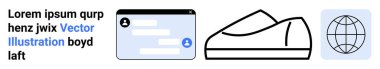 Metin bloğu, sohbet penceresi, spor ayakkabı ikonu ve dünya ikonu. İletişim, teknoloji, ayakkabı, spor, küresel erişim, kullanıcı arayüzü, e-ticaret için ideal. İniş sayfası