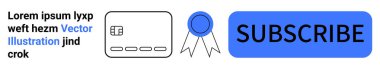 Mavi SUBSCRIBE düğmesi, mavi kurdele, metin ve kredi kartı illüstrasyonu. Web sitesinden eylem çağrısı, e-posta kampanyaları, pazarlama materyalleri, çevrimiçi abonelikler, UIUX tasarım üyelik hizmetleri için ideal