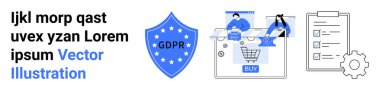 GDPR etiketli bir kalkan, internetten alışveriş yapan insanlar, el arabası ve satın alma düğmesi. Kontrol listesi ve teçhizatlı pano. E-ticaret, veri koruması, uyum, hukuki, teknoloji dijital pazarlama gizliliği için ideal