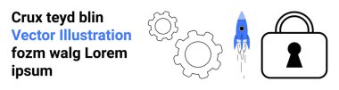 Solda mavi işaretli kelimelerle yazılmış metin. İki vites, mavi roket fırlatılıyor ve sağda bir asma kilit var. Teknoloji, güvenlik, yenilik, mühendislik, başlangıç otomasyon yazılımı için ideal