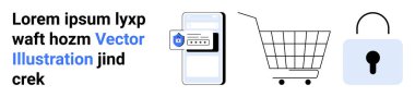 Alışveriş arabası ve asma kilidin yanında güvenlik simgesi olan bir akıllı telefon. Çevrimiçi alışveriş güvenliği, mobil güvenlik, veri gizliliği, e-ticaret ve siber güvenlik için ideal. İniş sayfası için pankart