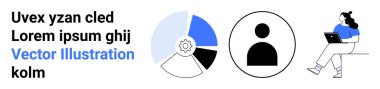 Metin elemanları, pasta grafiği, kullanıcı profili simgesi, dizüstü bilgisayarı olan kadın. İş için ideal, veri analizi, kullanıcı arayüzü, teknoloji, üretkenlik, eğitim, pazarlama. İniş sayfası