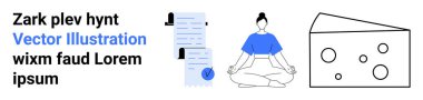 Meditasyon yapan kadın, işaretli belge, delikli peynir dilimi. Sağlık programları, üretkenlik uygulamaları, diyet planları, motivasyon blogları, sağlık siteleri, eğitim içeriği, pazarlama için ideal