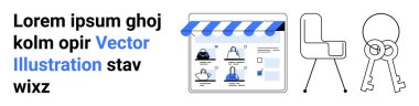 Çizgili tenteleri, alışveriş ikonları, modern sandalyeleri, büyük ve küçük tuşları olan bir e-ticaret mağazası. Çevrimiçi alışveriş, mobilya perakendecisi, güvenlik, ev anahtarı dijital pazarlama promosyonları için ideal. İniş
