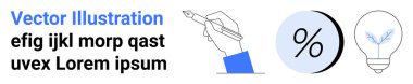 El ele tutuşan kalem çizimi, mavi arkaplanda siyah yüzde simgesi ve çizgileri yukarı doğru olan bir ampul. Eğitim, finans, yaratıcılık, illüstrasyon, teknoloji ve yenilik için ideal