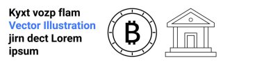 Bitcoin sembolü bitişik banka binasının dairesel ana hatlarıyla çizilmiş. Kripto para birimi, dijital para birimi, finansal teknoloji, engelleme zinciri, bankacılık, fintech, yatırım için ideal. İniş sayfası