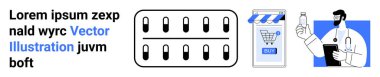 Alışveriş arabası, eczane hapları ve elinde ilaç şişesi olan doktor. Sağlık siteleri, çevrimiçi eczaneler, tıbbi uygulamalar, dijital sağlık çözümleri, ilaç sunumları, teletıp