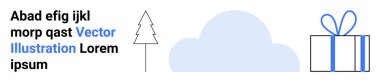 Solda rastgele siyah metin, çizilmiş ağaç simgesi, mavi bulut şekli, ve kurdele çizgili hediye kutusu. Minimalist tasarım, vektör sanatı, tatil teması, soyut kavramlar, modern sanat için ideal