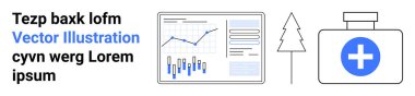 Ekranda bir grafik, çam ağacı ana hatları, haçlı sağlık kutusu, siyah ve mavi renkli lorem ipsum metni. Veri analizi, teknoloji, çevre, sağlık, minimalizm, eğitim, bilgi için ideal