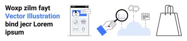 Çeşitli simgeleri gösteren mobil uygulama. Veri ve bulutların üzerinde büyüteç tutan bir el. Takvim ve alışveriş çantası yakında. İş analizi için ideal, dijital pazarlama, mobil uygulamalar, veri bilimi