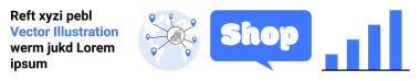 Çevrimiçi alışveriş teması, bağlantılar ağı, büyük mavi bir Dükkan metni ve bir bar grafiği. E-ticaret, çevrimiçi pazarlama, dijital satış, piyasa analizi ve iş büyümesi için ideal. Pankart
