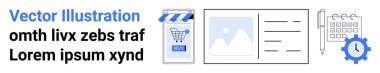Cep telefonunda alışveriş arabası, vitrinde güneşlik, resim çerçevesi, kalemli takvim ve saat teçhizatı. E-ticaret, içerik yönetimi, proje planlaması, dijital pazarlama, çevrimiçi alışveriş, web sitesi için ideal
