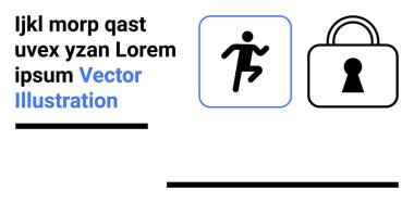Kilit simgesinin yanında koşan kişi simgesi, güvenlik, güvenlik ve koruma fikirlerini gösteriyor. Gözetleme, kişisel güvenlik, siber güvenlik, güvenlik sistemleri ve koruma konuları için ideal