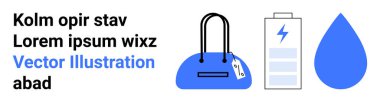 Fiyat etiketli el çantası, akü ikonu, mavi su damlası ve yer tutucu mesajı. Perakende, alışveriş, enerji tasarrufu, sürdürülebilirlik, e-ticaret çevresel farkındalık ve grafik tasarım için ideal