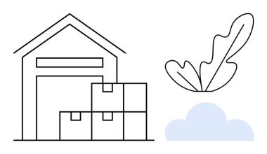 Bir yaprak ve bulutun yanında istiflenmiş kutularla dolu bir depo. Lojistik, depolama, teslimat, envanter, doğa, organizasyon, minimalizm temaları için ideal. Temiz ve soyut çizgi düz metafor