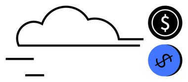 Siyah çizgili bulut şekli, siyah ve mavi daireli iki dolarlık semboller. Finans, bulut hesaplama, çevrimiçi işlemler, dijital ekonomi, teknoloji entegrasyonu, iş stratejisi için ideal