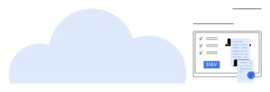 Ödeme arayüzü ve fatura detaylarını gösteren dijital ekranlı büyük bir bulut simgesi. Bulut depolama, çevrimiçi ödemeler, finans yönetimi, dijital fatura, teknolojik yenilik, güvenli
