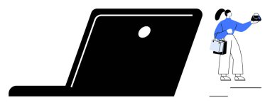 Elinde küresel bir nesne, alışveriş torbaları ve dev siyah bir dizüstü bilgisayar tutan bir kadın. Teknoloji için ideal, çevrimiçi alışveriş, perakende yenilik, sanal deneyimler, artırılmış gerçeklik, tüketici davranışı, dijital