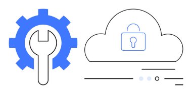 Kilit simgesi olan bir bulutun yanında iç teçhizatı kilitle. Malzeme bakımı, teknik destek, bulut güvenliği. IT hizmetleri, yazılım araçları, bulut hesaplama, veri koruması, siber güvenlik için ideal