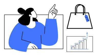 Yukarı bakan bir kadın, fiyat etiketli bir alışveriş çantasının ve yükselen bir eğilimi gösteren bir grafiğin yanında. Perakende, e-ticaret, iş büyümesi, pazarlama, strateji, eğilimler, ekonomi konuları için ideal