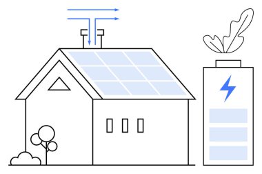 Evin çatısındaki güneş panelleri, enerji bitkisel yaprağıyla batarya deposuna akıyor. Yenilenebilir enerji, sürdürülebilirlik, yeşil teknoloji, ev verimliliği, çevre dostu yaşam, temiz güç için ideal